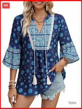 Boho Peasant Tunic Top, 3/4 Bell Sleeve Flowy Blouse, V-Neck Casual